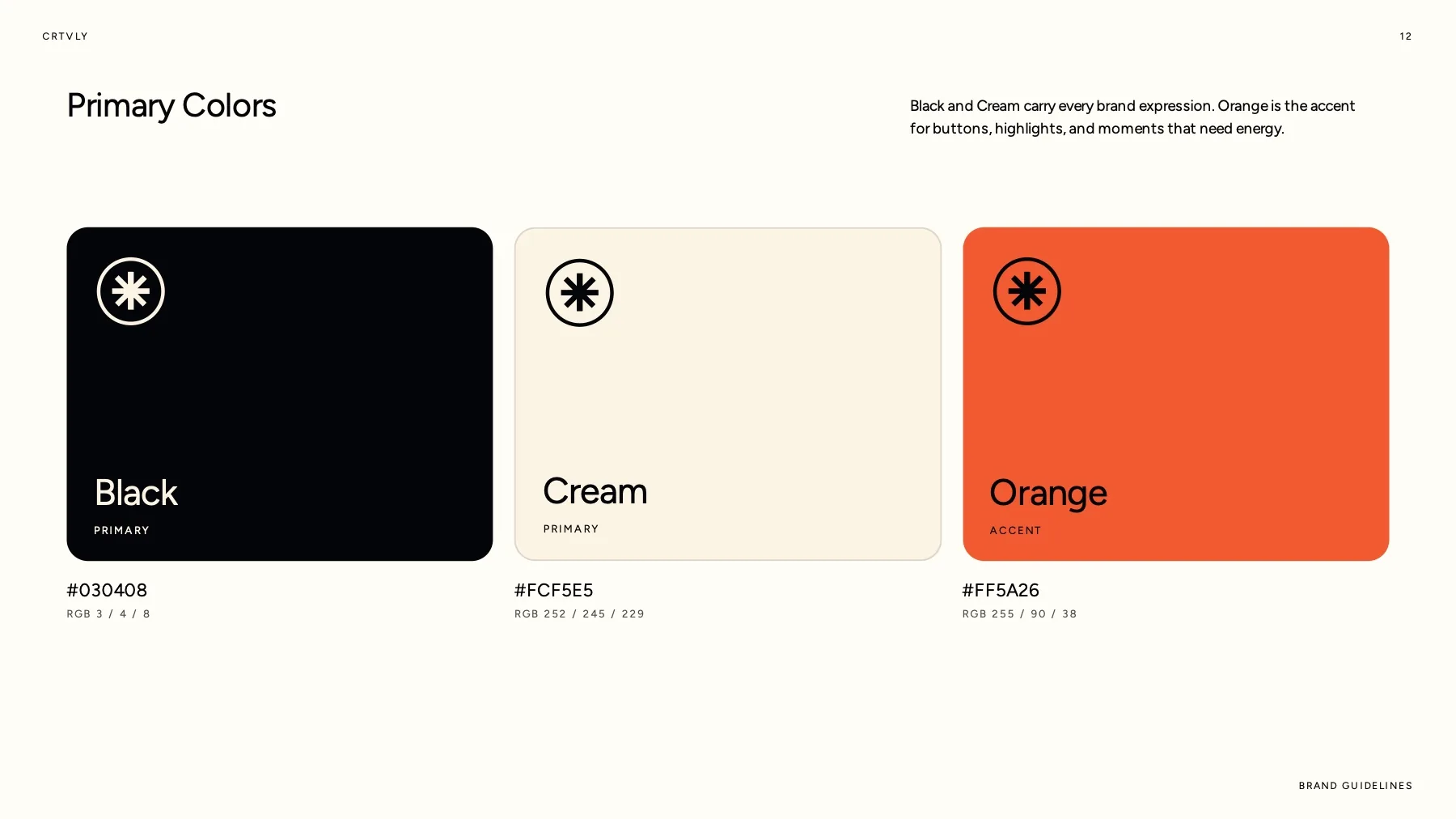 CRTVLY black, cream, and orange palette