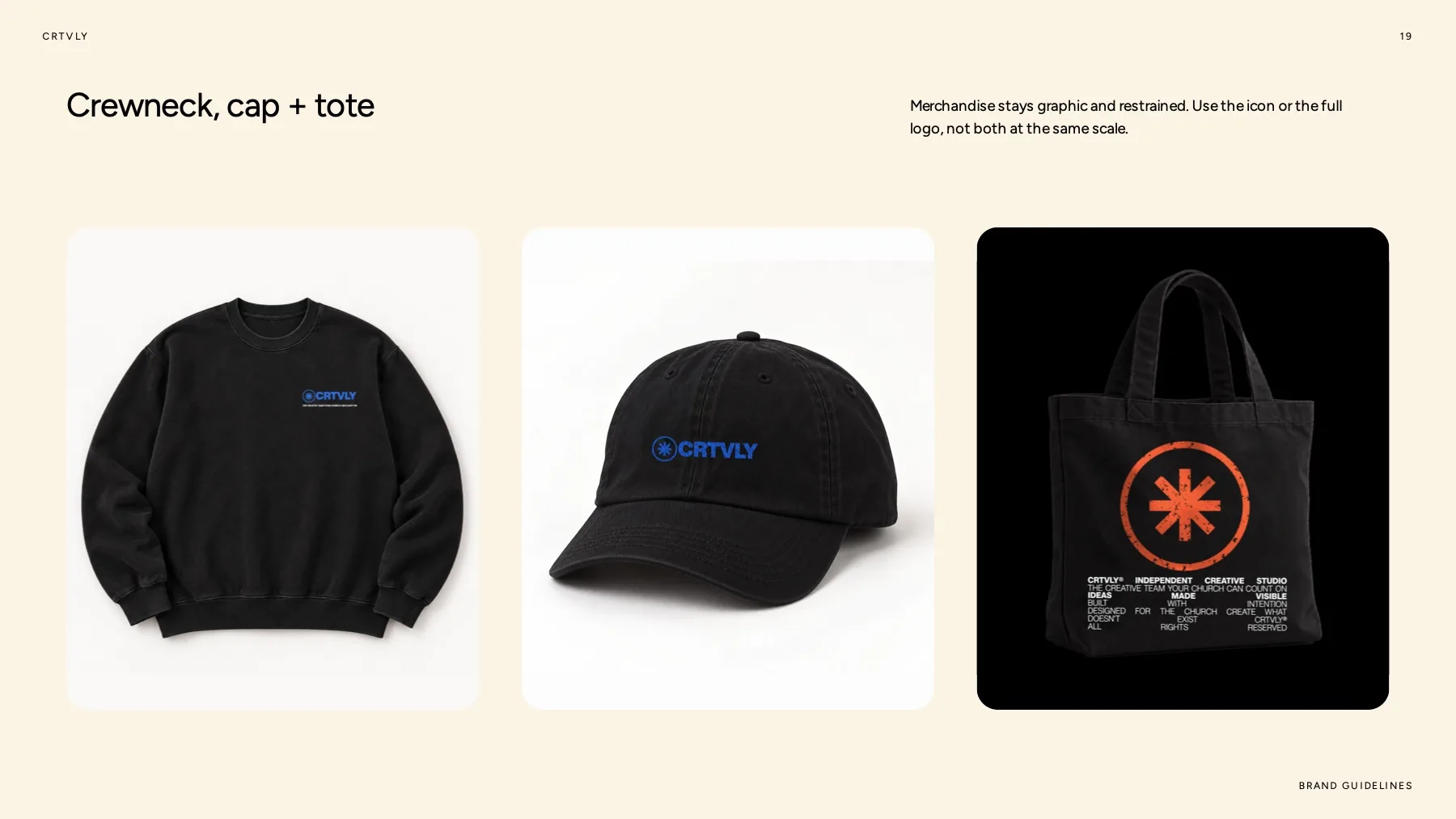 CRTVLY crewneck, cap, and tote